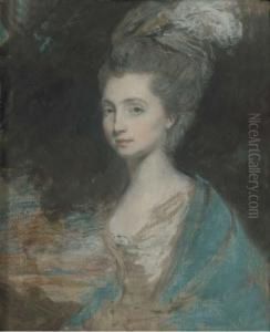 Portrait Of A Lady, Half-length,
 In White Dress And Blue Shawl, With Feathers In Her Upswept Hair