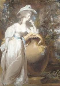 Portrait Of Philadelphia De
Lancy, In A White Dress And Sash, Leaning On An Urn, In A Wooded
Landscape by Daniel Gardner