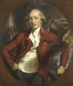 Portrait Of A Gentleman, 
Half-length, In A Brown Coat, Holding A Hat, In A Wooded Landscape, 
Feigned Oval