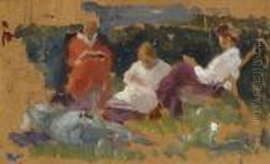 Three Ladies Drinking Tea In A Garden by Salomon Garf