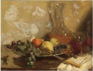 Still Life With Grapes,oranges And A Knife, All On A Wooden Table