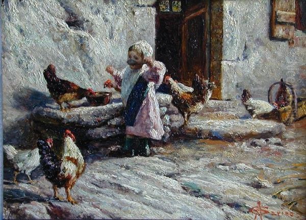 "little Girl In Barnyard With Chickens" - view 1