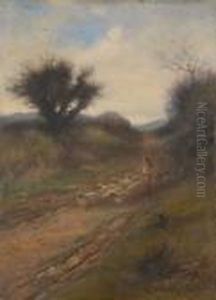 Farmer Herding Sheep Along A Country Lane by Valentine Thomas Garland