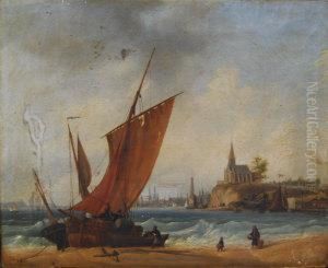 Beached Fishing Vessels With A Church And A Harbour On The Distance by Ambroise-Louis Garneray