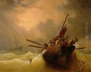Scene De Peche En Mer Durant La Tempete.. by Ambroise-Louis Garneray