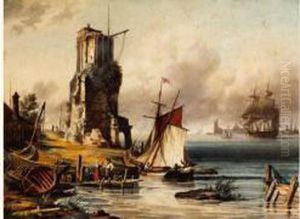 Port De Peche Avec Une Tour En Ruine, Barques Et Voilier