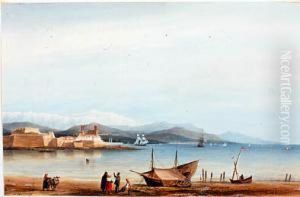 Rivage A Maree Basse, Ville Fortifiee Dans Le Fond by Ambroise-Louis Garneray