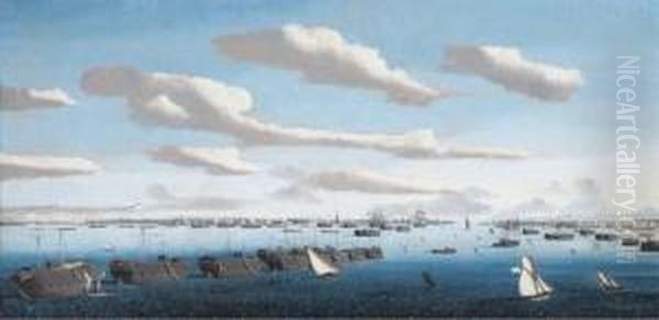 A Panorama Of Portsmouth Harbour
With Hulks In Line Ahead And The Fleet At Anchor, Including Warships Of
The American And Spanish Navies - view 1