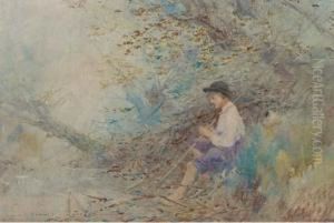 A Young Boy Seated Beside A Stream by Oswald Garside