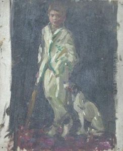 A Young Cricketer With His Dog. A Young Cricketer With His Dog.