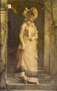 A Young Lady Descending Steps From A Doorway by Norman Garstin