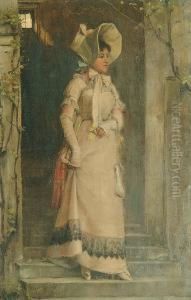 A Fashionable Parisien Stood On A Doorstep
