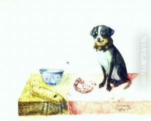 Pug On A Table With Bread, Chinese Blue And White Tea Bowl,sopressata And Two Flies
