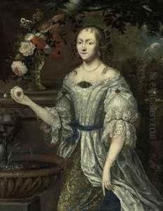 Portrait Of A Lady Traditionally
 Identified As Madame Ninon Delenclos (1620-1705), Three-quarter-length,
 In A Lace-trimmed Blueand Gray Dress, With Roses, Narcissi And Other 
Flowers In A Roemeron A Ledge, Beside A Classical Fountain
