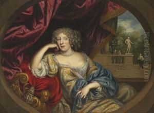 Portrait Of A Lady, Seated 
Three-quarter-length, In A White Andgold Gown With A Blue Robe, A Garden
 Beyond