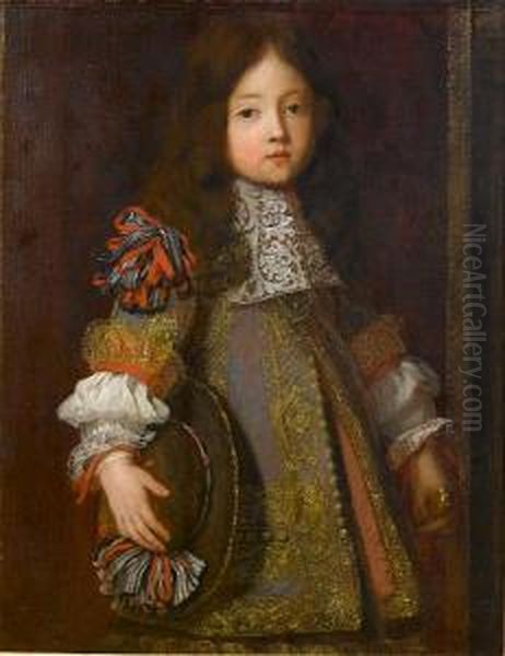 Portrait Of A Young Boy 
Three-quarter-length,in Grey Embroidered Costume Decorated With Ribbons,
 A White Lacejabot And Holding A Black Ribboned Hat - view 1