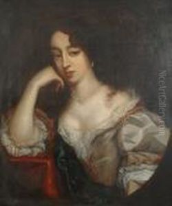 Portrait Of A Lady, Half-length,
 In A Gold Satin Dress With Lace Trim And A Blue Wrap, Leaning On A 
Draped Table, In A Painted Oval