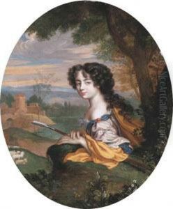 Portrait Of A Lady As A
Shepherdess Holding A Hoe, Her Sheep And Afortified Dwelling Beyond by Henri Gascard