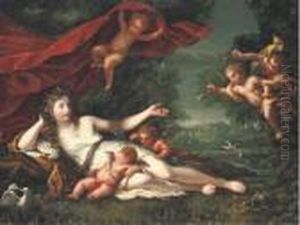 Venus And Cupid With Attendant Putti, A Classical Landscapebeyond by Henri Gascard