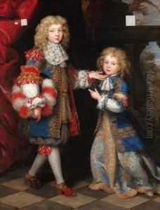 Portrait Of Two Brothers,
Full-length, In Gold-embroidered Blue Frock Coats With Lace Collars, A
Landscape Beyond by Henri Gascard