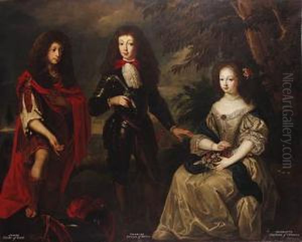 Group Portrait Of James, Duke Of
York, Charles, Prince Of Wales Andhenrietta, Duchess Of Orleans,
Full-length, In A Woodedlandscape - view 1