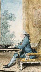 A seated Gentleman in profile to the Left writing a Letter at a Desk in front of an open Window by Louis Carrogis Carmontelle