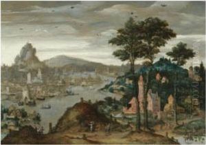 A Fantasy Mountainous River Landscape With Ships Moored Before Adistant City