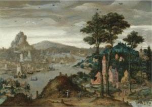 A Fantasy Mountainous River Landscape With Ships Moored Before A Distant City