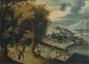 A Mountainous River Landscape With Travelling Pilgrims, Towns Beyond