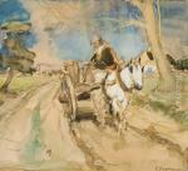 Cheval Tirant Une Charrette Sur Un Chemin Vicinal - view 1
