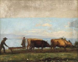 Paysan Labourant Au Bord Du Lac by Leon Gaud
