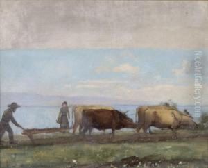 Bauer Mit Ochsengespann Beim Pflugen by Leon Gaud