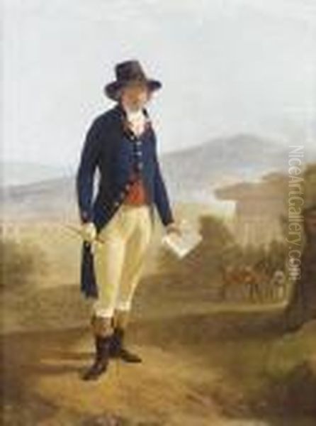 Portrait Of A Young Gentleman,
Standing Small Full-length, In A Dark Blue Coat, Red Waistcoat And Buff
Breeches, With A Brown Hat, Holding A Book And A Crop, A Groom With
Horses Before A Ruined Temple And An Aquaduct In An Italianate Landscape
Bey - view 1