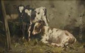 Two Calves In A Byre by David Gauld