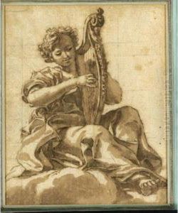 An Angel Seated In The Clouds Playing A Harp