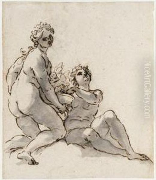 Two Nude Female Allegorical Figures Holding A Vase With An Orange Plant - view 1