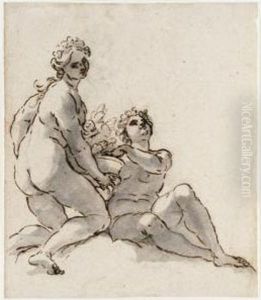 Two Nude Female Allegorical Figures Holding A Vase With An Orange Plant by Giovanni Battista (Baciccio) Gaulli