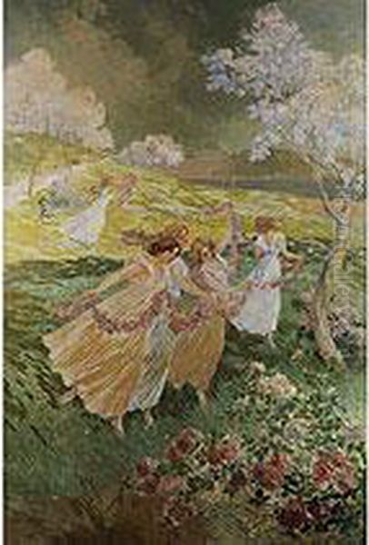 Tanzreigen Junger Madchen In Fruhlingslandschaft - view 1