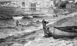 Enfants Se Baignant Sur La Plage. Toile Signee En Bas A Droite Enfants Se Baignant Sur La Plage. Toile Signee En Bas A Droite