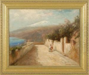 Walking Home, Depicting A Man
And A Donkey Walking Uphill With Distant Mountain And Ocean by Edward B. Gay
