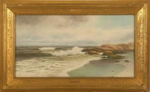 Beach Scene With Crashing Waves And Distant Ship.