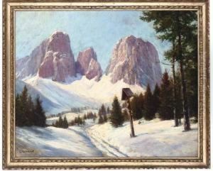 A Crucifix Beside The Pordoi Pass, The Sasso Lungo Covered In Snow Beyond