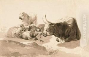 Tierstudie Mit Kuh, Schaf Und Ziege. by Friedrich Otto Gebler