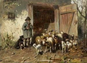 Schafer Mit Herde Vor Dem Stall by Friedrich Otto Gebler