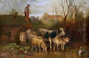 Hirtin Mit Schafen Und Kuhen An Der Furt by Friedrich Otto Gebler