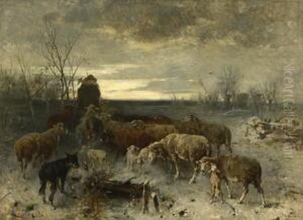 Hirte Mit Schafherde In
 Winterlandschaft. - view 1