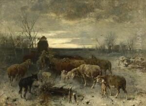 Hirte Mit Schafherde In
Winterlandschaft. by Friedrich Otto Gebler