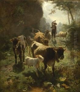 Junger Hirte Mit Rindern Und
Schafen Auf Dem Waldweg. by Friedrich Otto Gebler