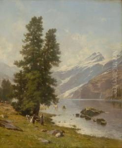 River Landscape With The Swiss Alps In The Background by Johann Joseph Geisser