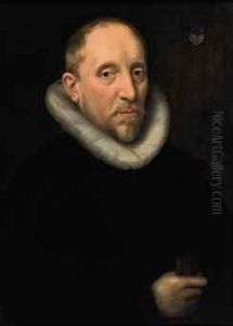 Portrait Of A Gentleman, 
Half-length, In A Black Costume With Awhite Collar, Holding A Pair Of 
Gloves thumbnail
